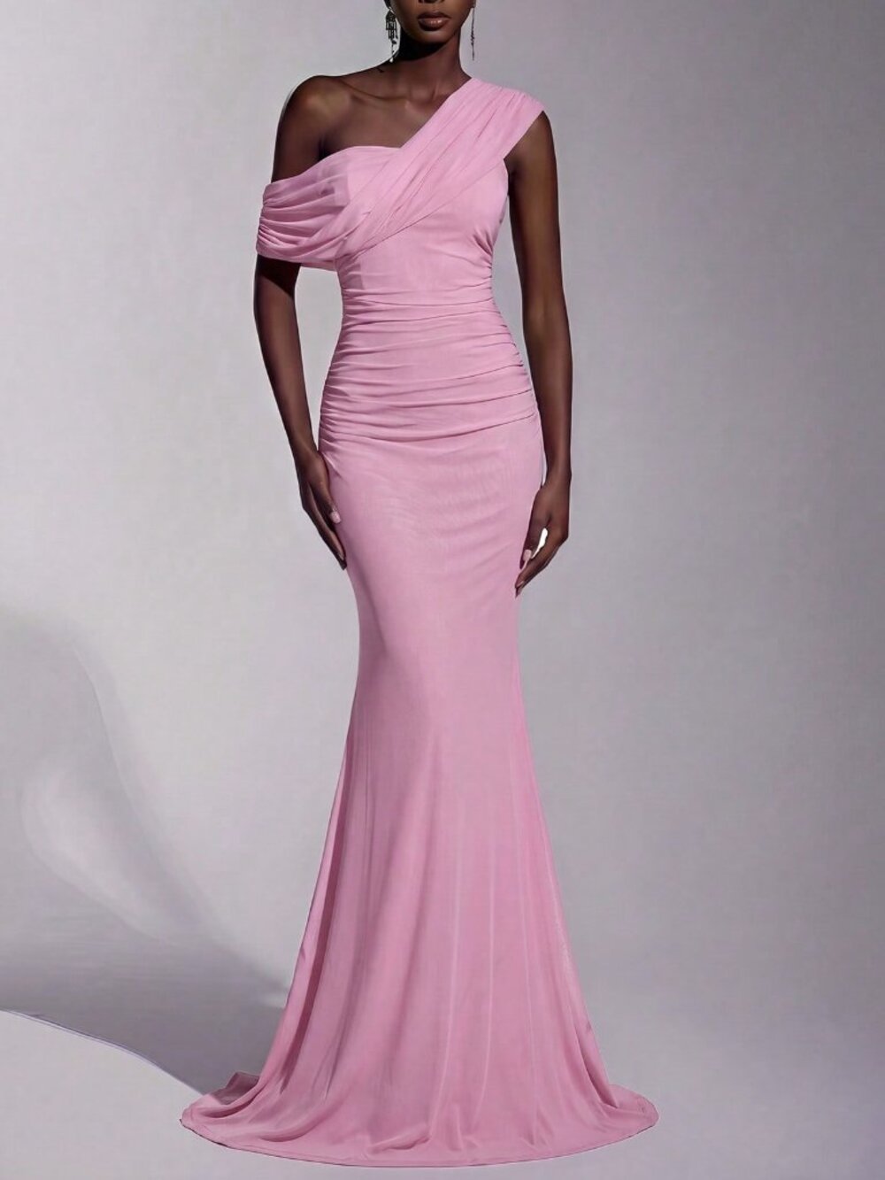 Baby Pink Elegant Women's Mesh One Shoulder Ruched Fitted Bodycon Gown